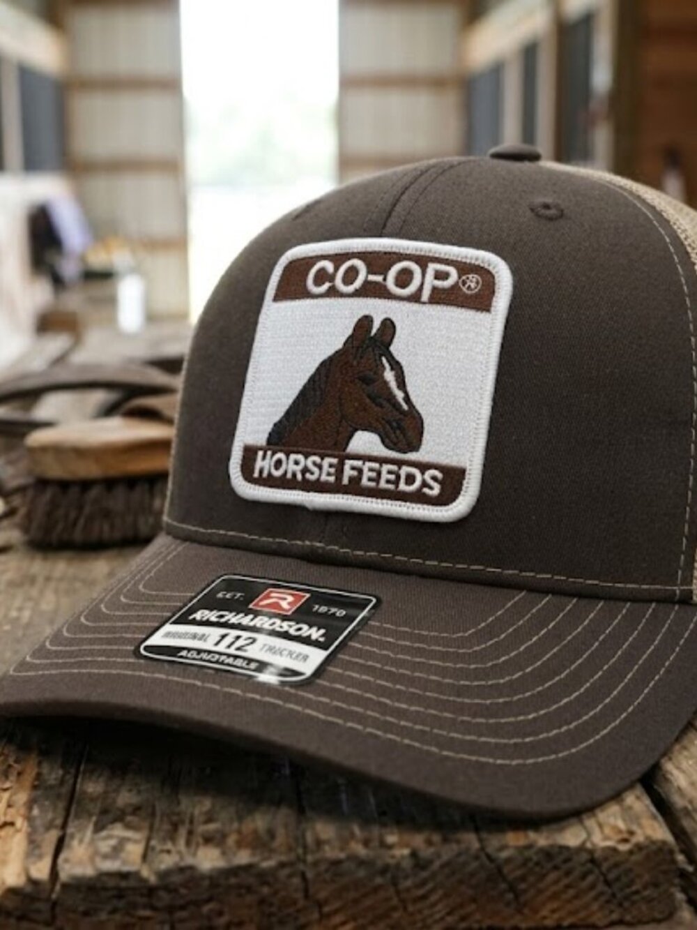 Vintage-Inspired Co-op Horse Feeds Hat Patch Sewn Richardson 112 Brown Tan Cap